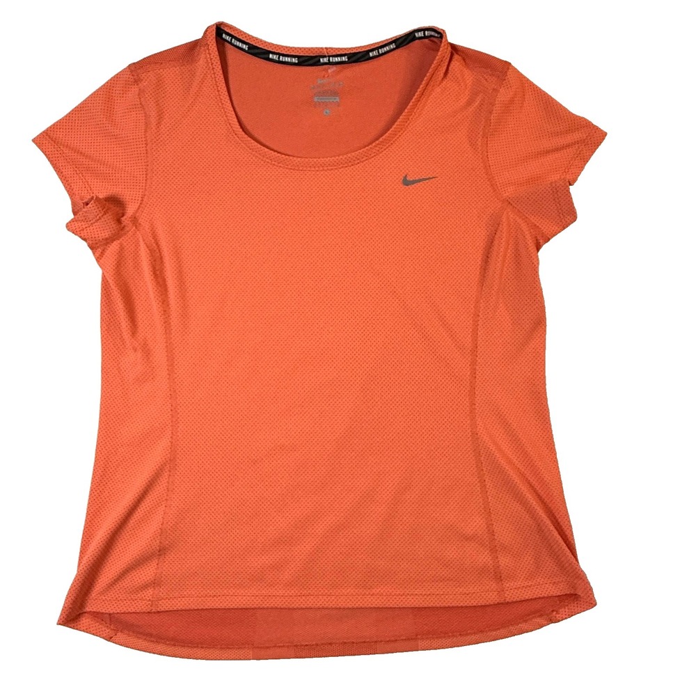 Nike Dri-FIT Running Shirt Women LG Orange Lightweight Reflective Gym Yoga Run